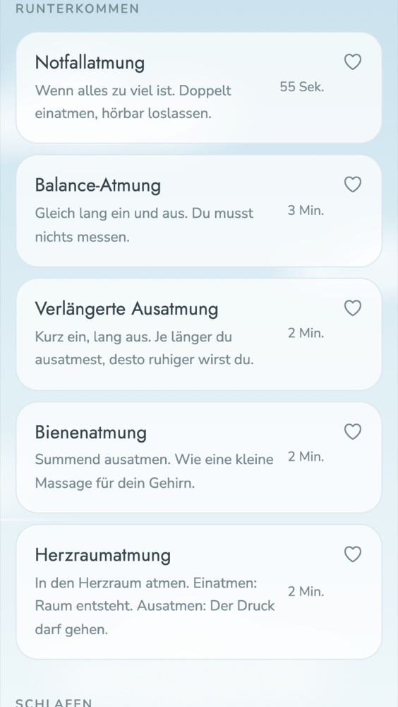 Übersicht der Übungen, zum Beispiel Notfallatmung und Bienenatmung